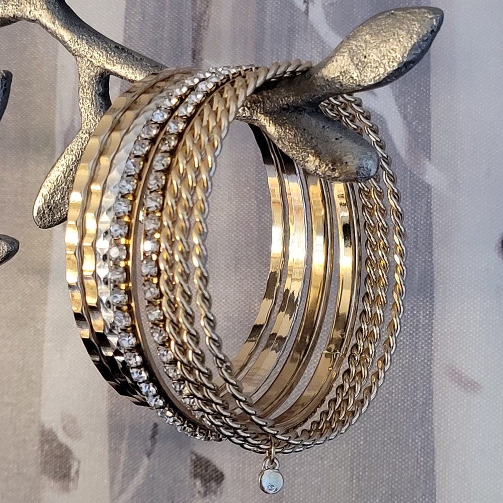 Gold-tone & Rhinestones Bangle Bracelet Bundle (8 bangle bracelets) - Picture 3 of 16